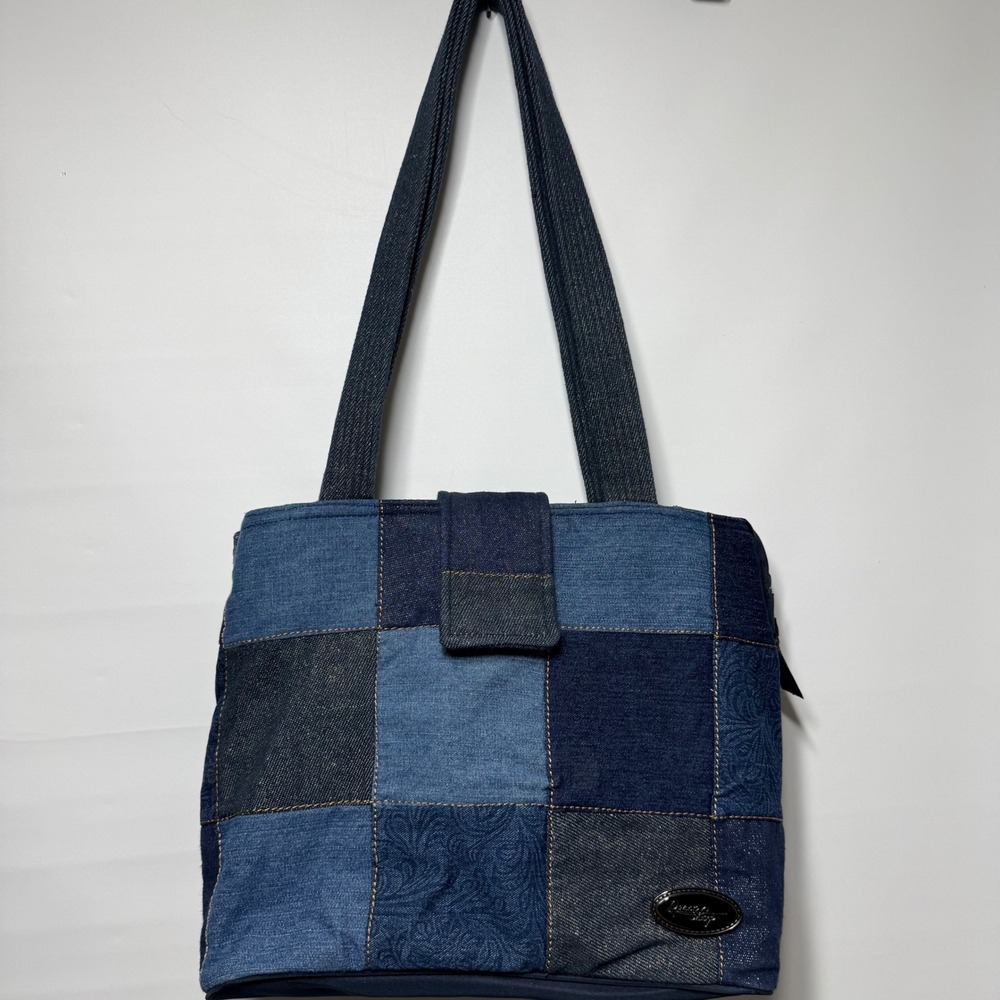 Donna Sharp Denim Patchwork Tote Bag Blue Jean Quilted Shoulder Purse Boho Y2K